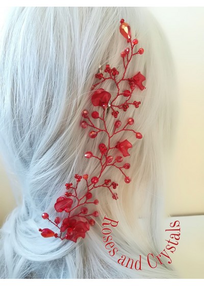 Ръчно изработена кристална украса за коса за абитуриентски бал с кристали Сваровски в червено Red Poppy by Rosie
